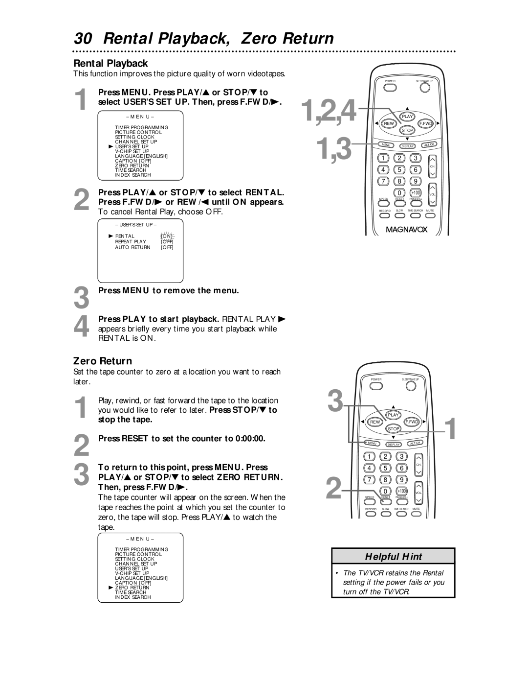 Magnavox MC194EMG owner manual Rental Playback, Zero Return 