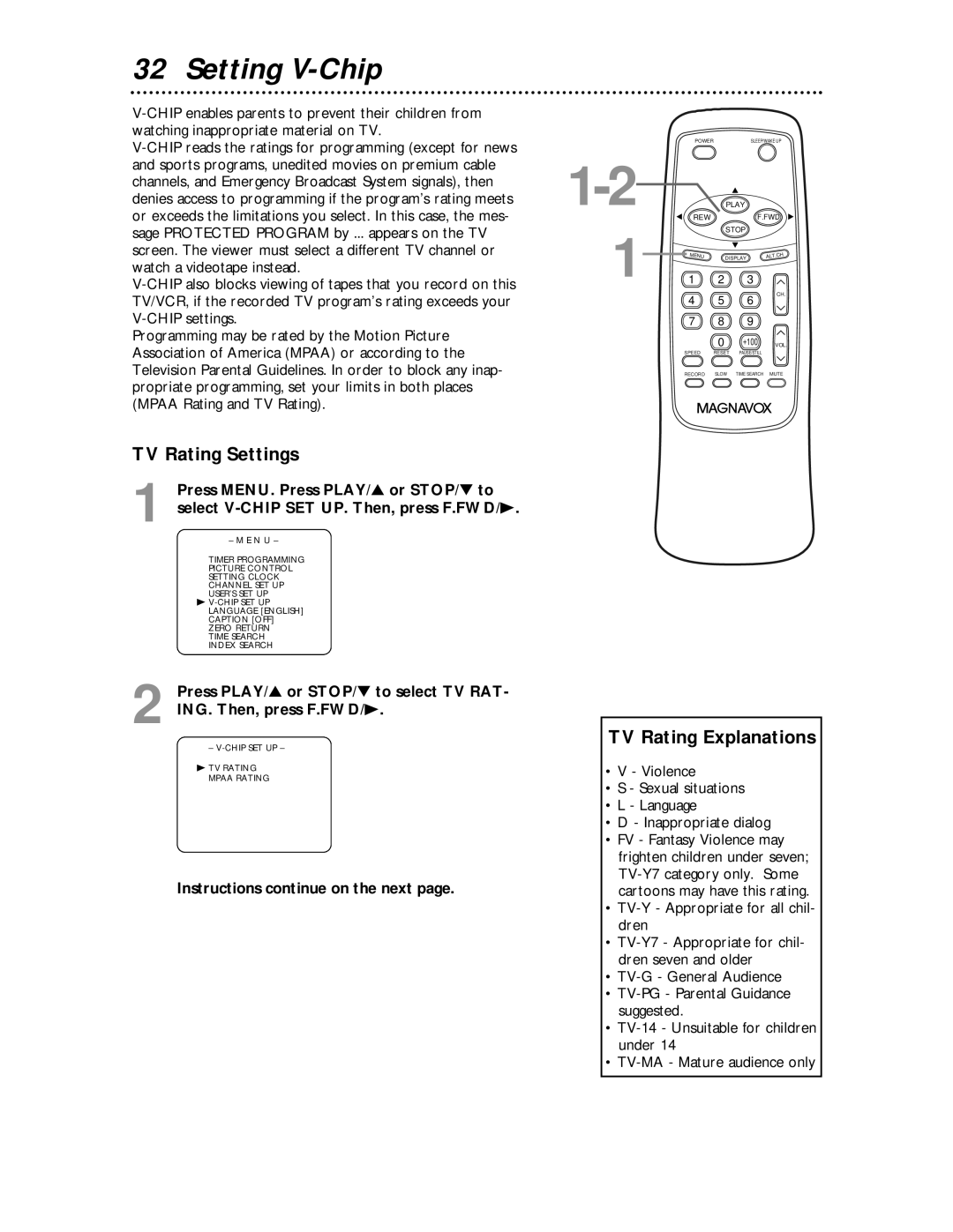 Magnavox MC194EMG owner manual Setting V-Chip, TV Rating Settings, TV Rating Explanations 