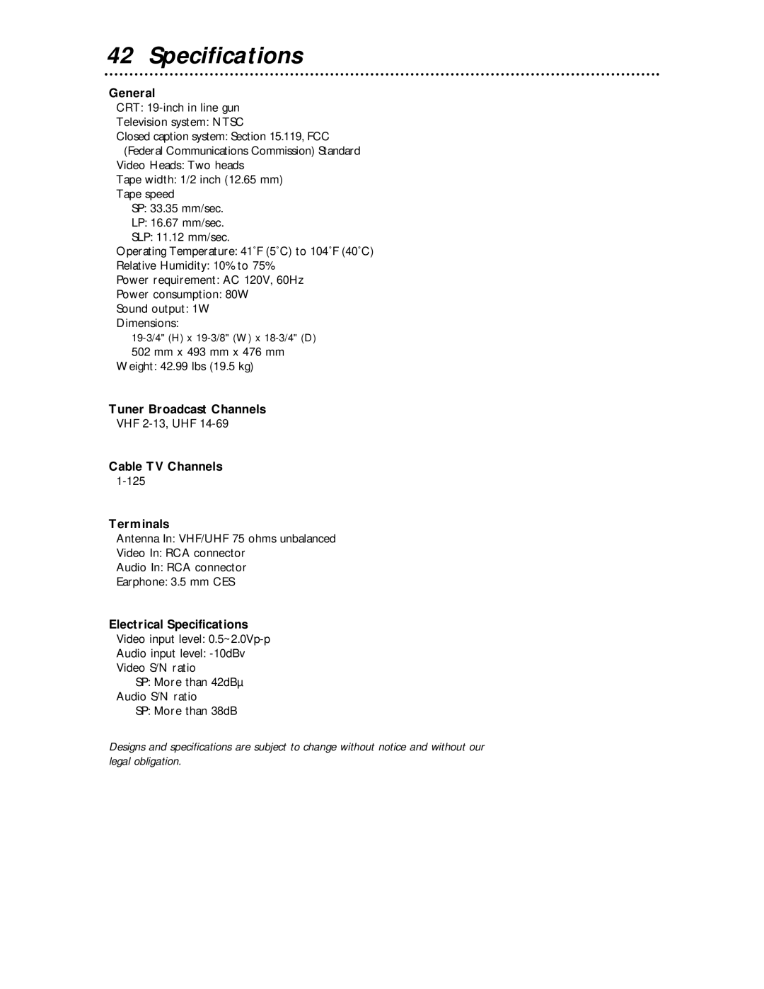 Magnavox MC194EMG owner manual Specifications 