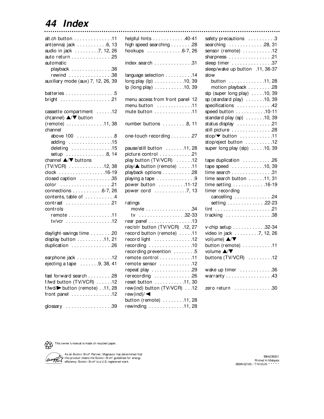 Magnavox MC194EMG owner manual Index 