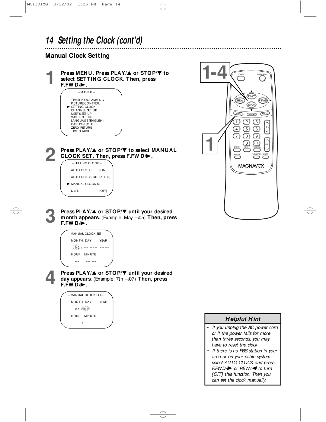 Magnavox MC19D1MG, MC13D1MG owner manual Setting the Clock cont’d, Manual Clock Setting 