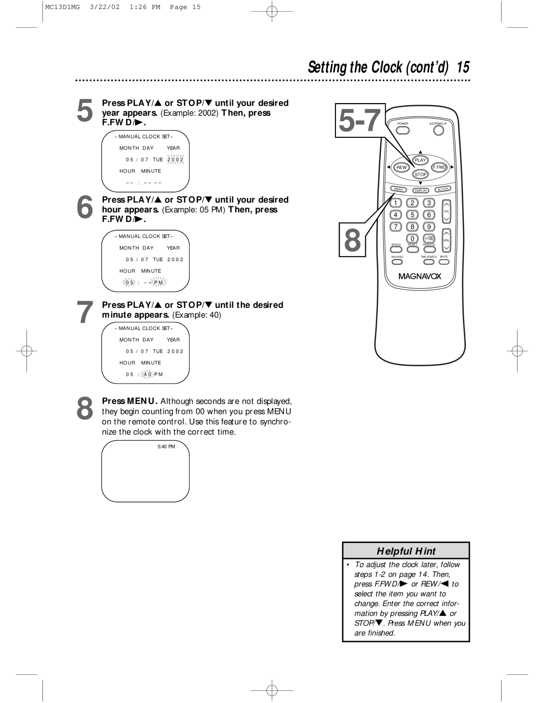 Magnavox MC13D1MG, MC19D1MG owner manual Manual Clock SET Month DAY 
