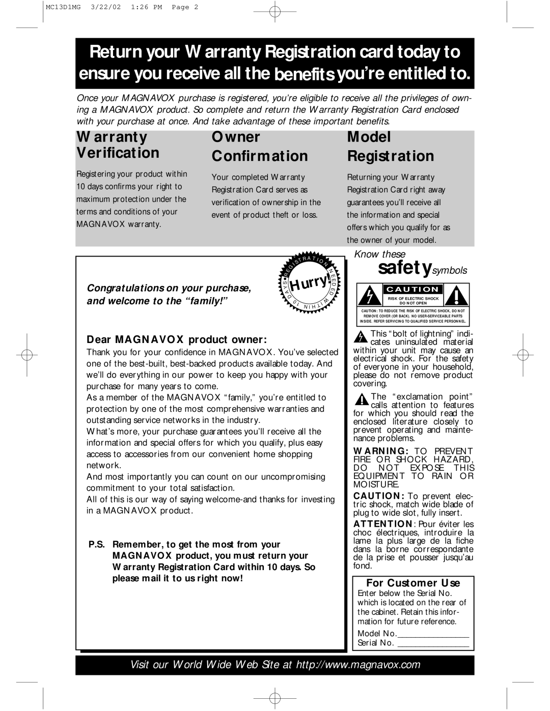 Magnavox MC19D1MG, MC13D1MG owner manual Dear Magnavox product owner, For Customer Use, Model No Serial No 