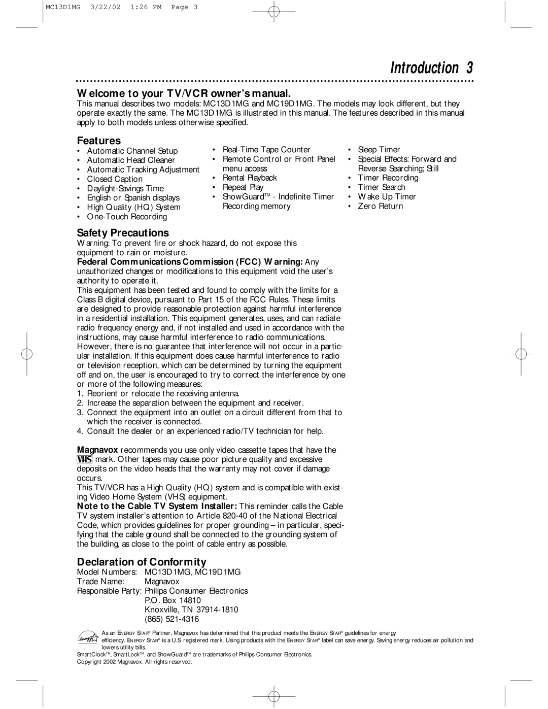 Magnavox MC13D1MG, MC19D1MG owner manual Introduction, Features, Safety Precautions, Declaration of Conformity 