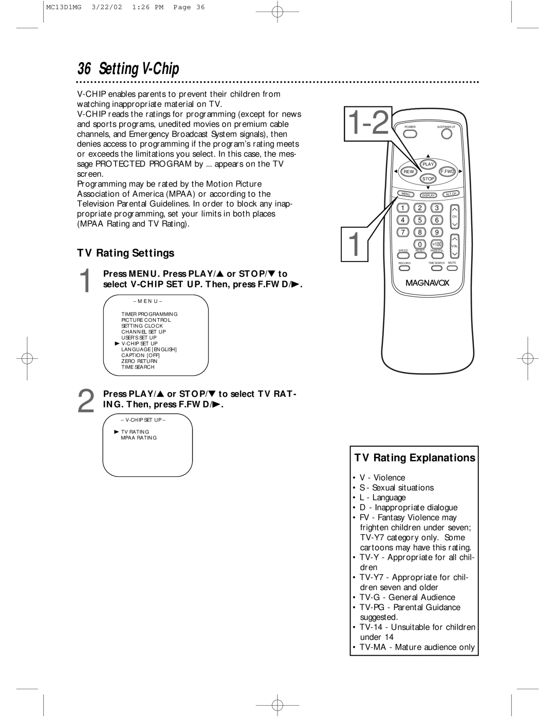 Magnavox MC19D1MG, MC13D1MG owner manual Setting V-Chip, TV Rating Settings, TV Rating Explanations 