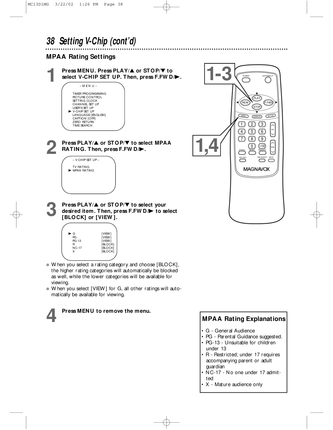 Magnavox MC19D1MG, MC13D1MG owner manual Mpaa Rating Settings, Mpaa Rating Explanations 