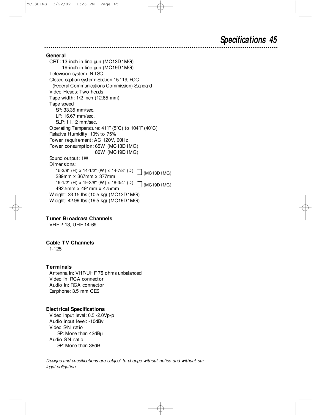 Magnavox MC13D1MG, MC19D1MG owner manual Specifications 