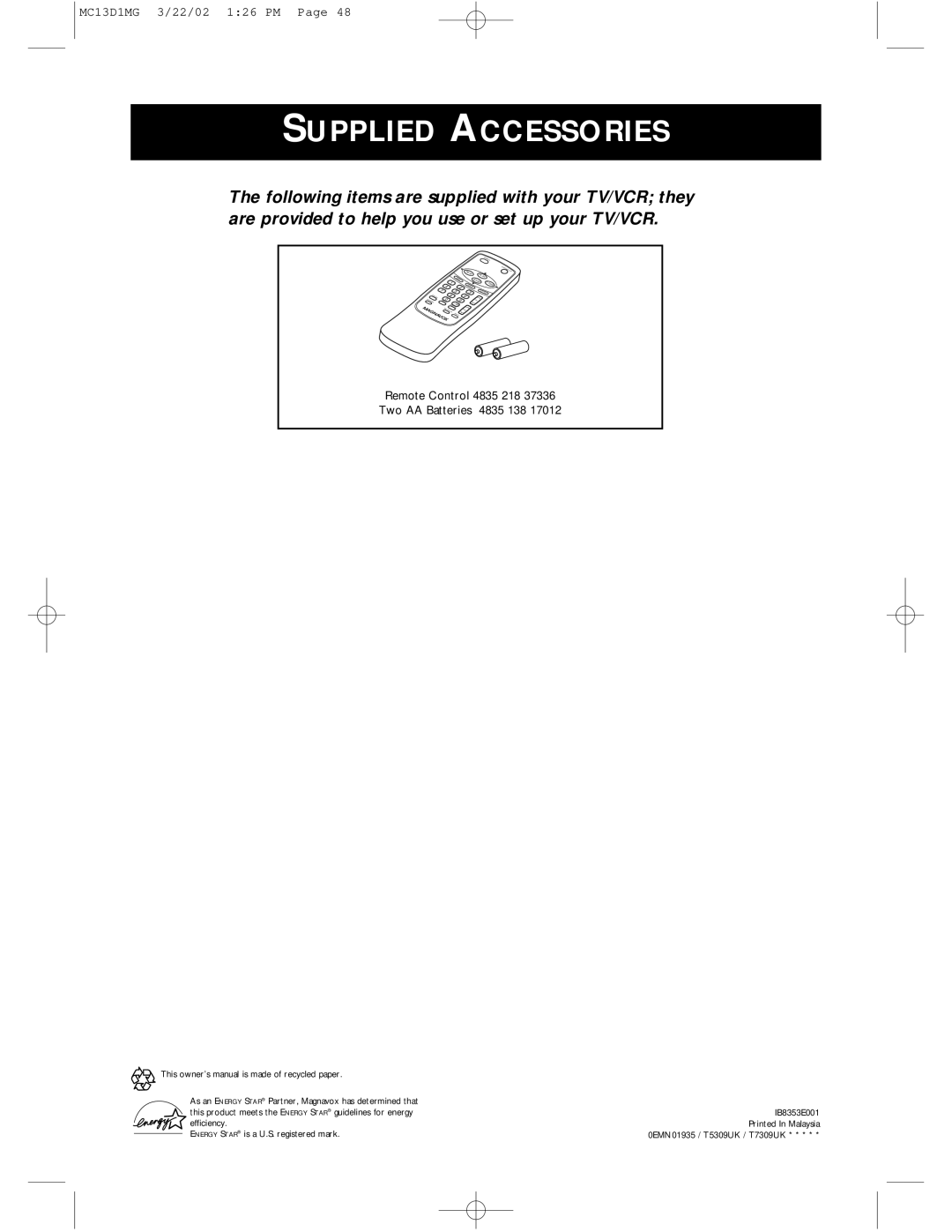 Magnavox MC19D1MG, MC13D1MG owner manual Supplied Accessories 