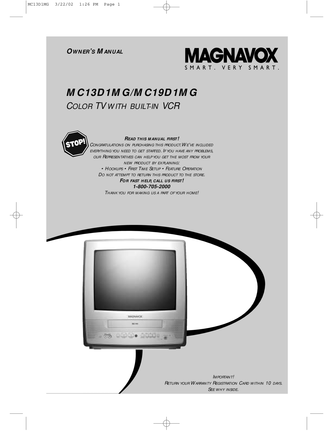 Magnavox owner manual MC13D1MG/MC19D1MG, Color Tv With Built-In Vcr, Owner’S Manual, MC13D1MG 3/22/02 126 PM Page 