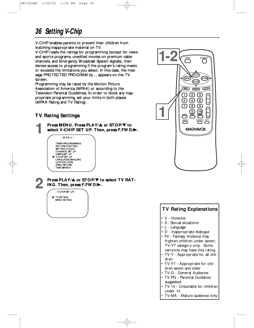 Magnavox MC19D1MG, MC13D1MG owner manual Setting V-Chip, TV Rating Settings, TV Rating Explanations 