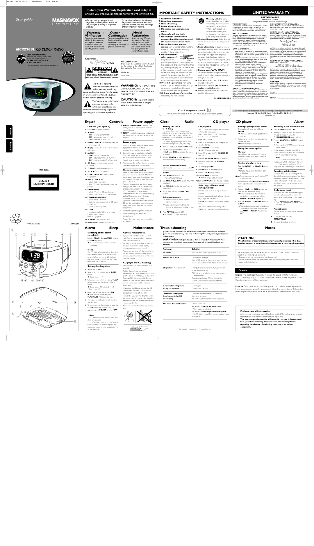 Magnavox MCR 230SL warranty Controls see figure, Power supply, Clock memory backup, Setting the clock, Radio, CD playback 