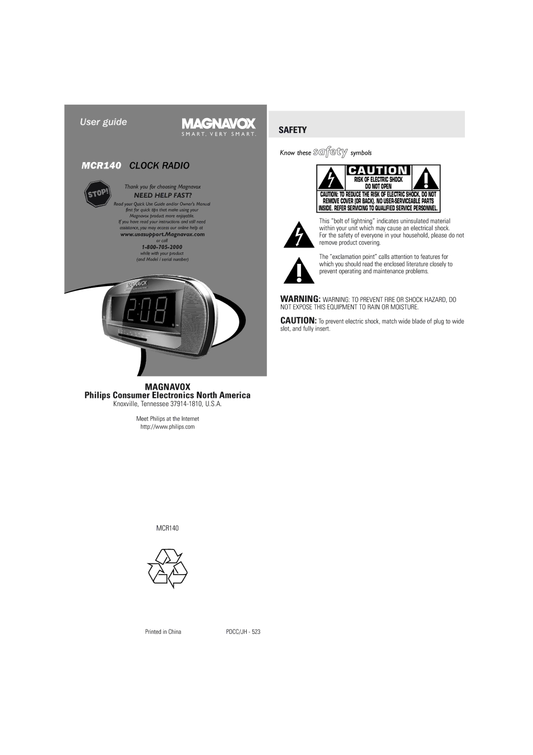 Magnavox mcr140 user service MCR140 Clock Radio, INSIDE. Refer Servicing to Qualified Service Personnel 