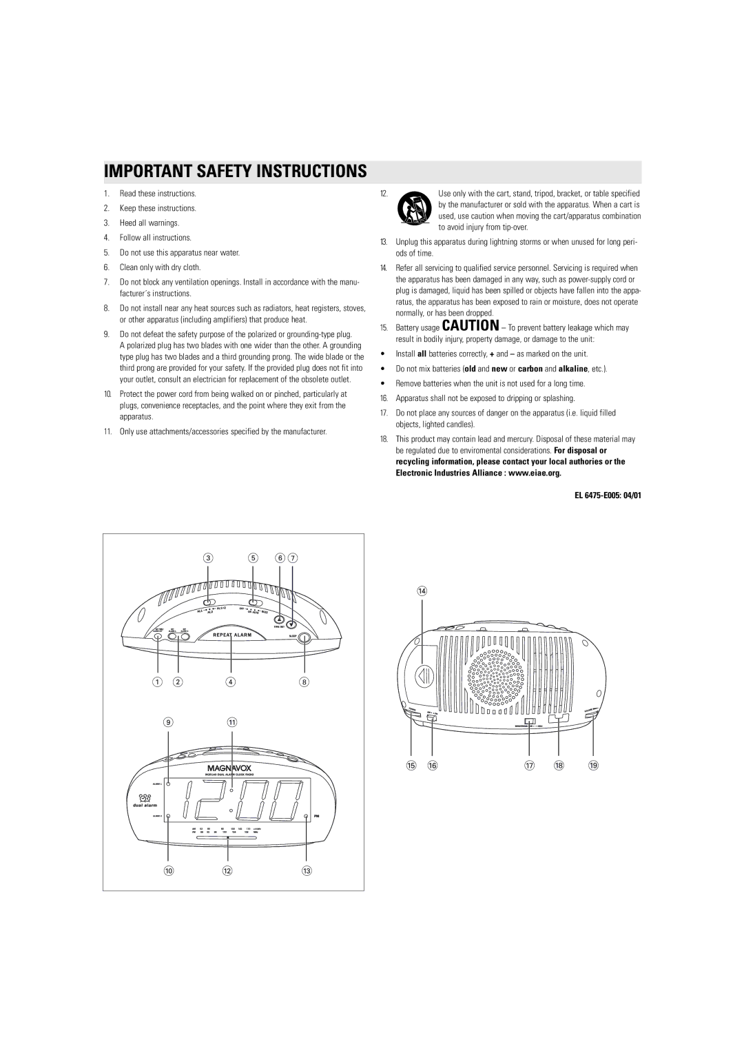 Magnavox mcr140 user service Important Safety Instructions, EL 6475-E005 04/01 