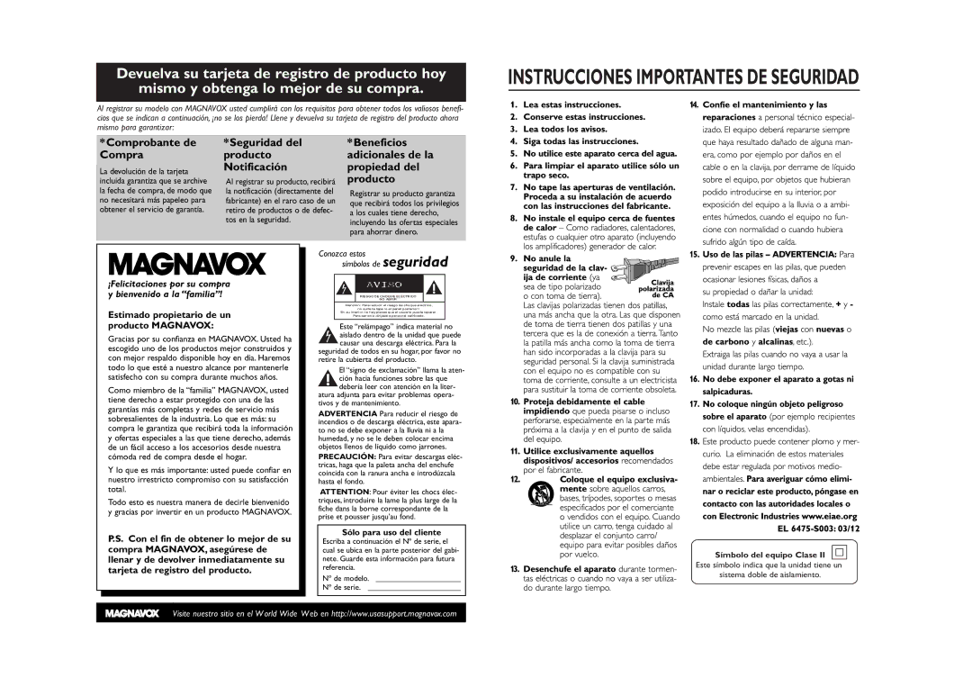 Magnavox MCS225 manual Notificación Propiedad del Producto, Estimado propietario de un producto Magnavox 