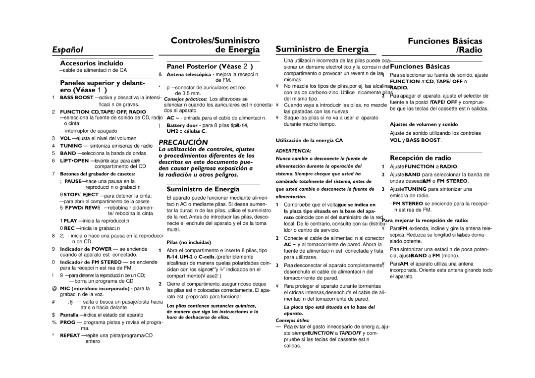 Magnavox MCS225 manual Suministro de Energía 