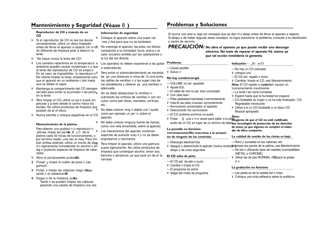 Magnavox MCS225 manual Mantenimiento y Seguridad Véase Problemas y Soluciones 