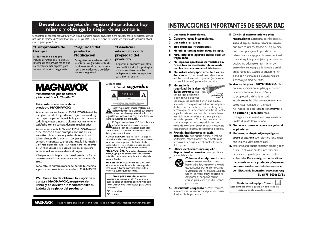 Magnavox MCS225 Comprobante de, Seguridad del, Beneficios, Compra, producto, adicionales de la, Notificación, Aviisoo 