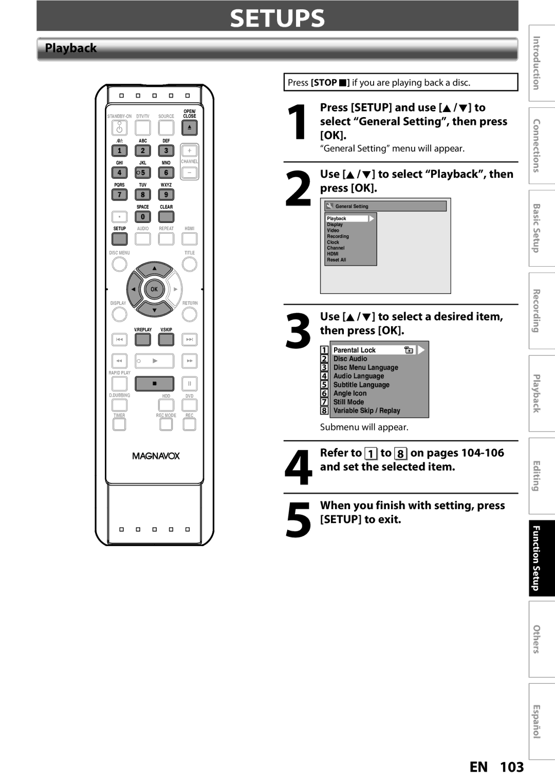 Magnavox MDR513H / F7 owner manual Setups, Use K/ L to select Playback, then press OK 