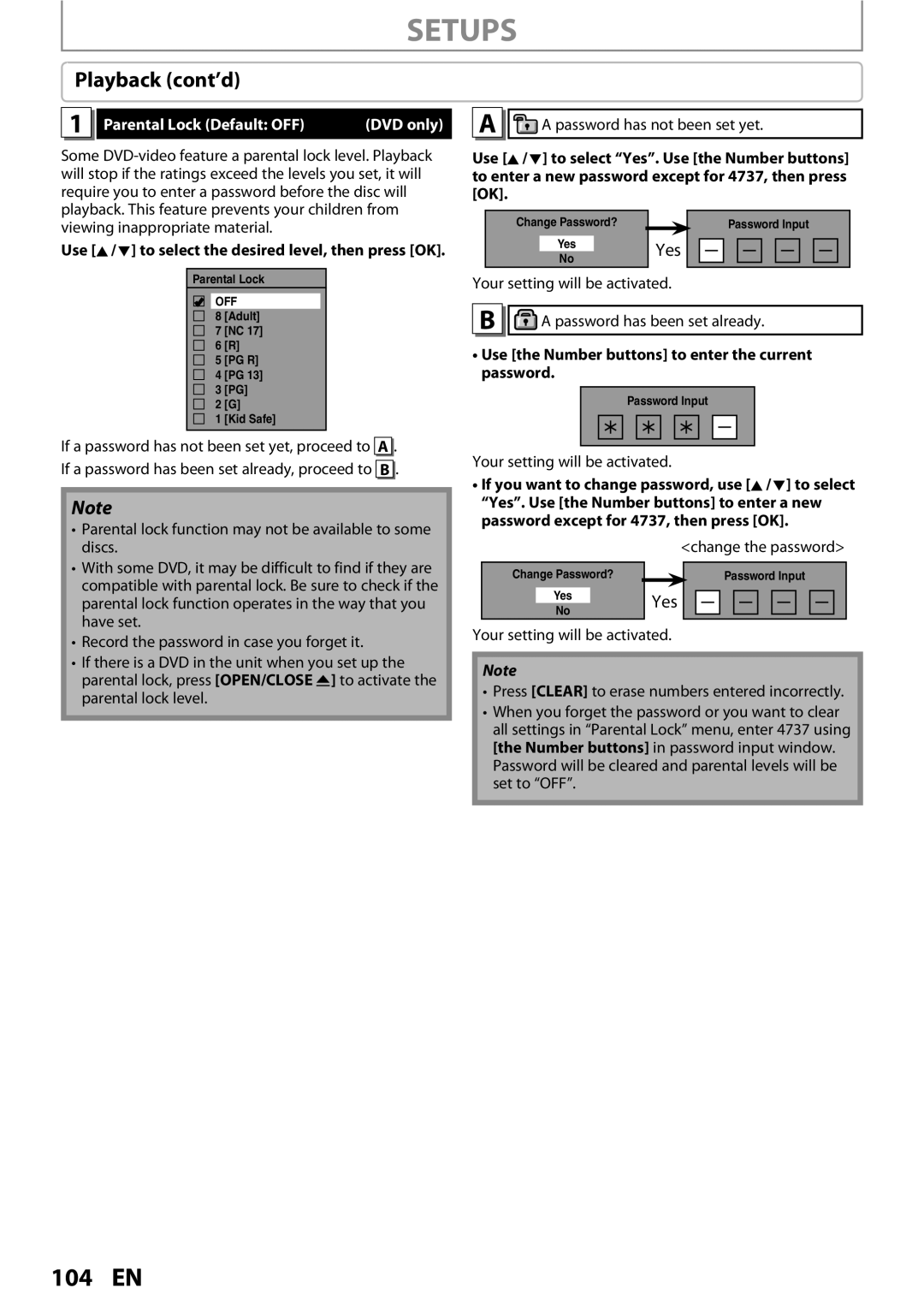 Magnavox MDR513H / F7 owner manual Setups, Playback cont’d, Yes, Parental Lock Default OFF DVD only 