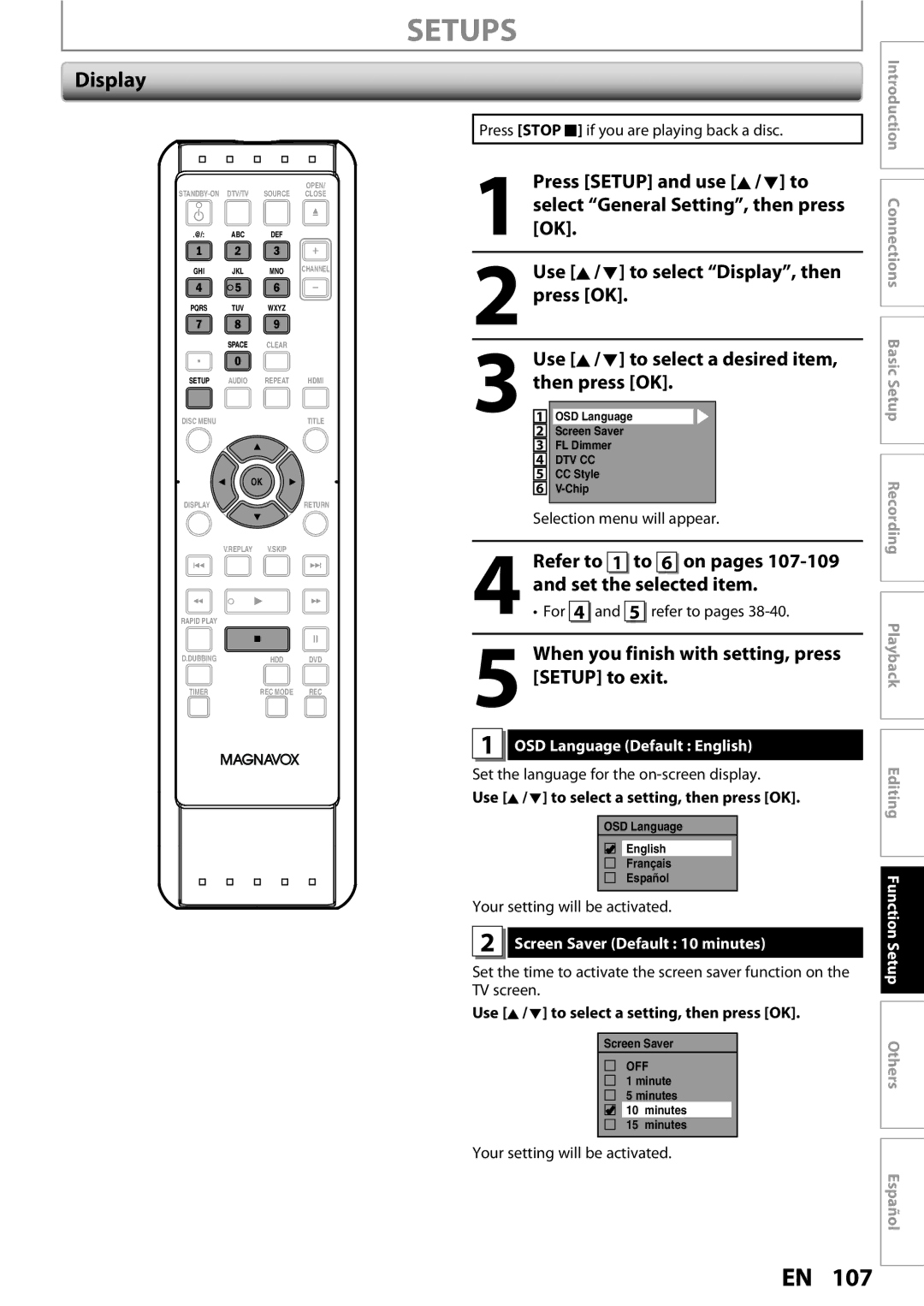 Magnavox MDR513H / F7 Display, Refer to 1 to 6 on pages 107-109 and set the selected item, OSD Language Default English 