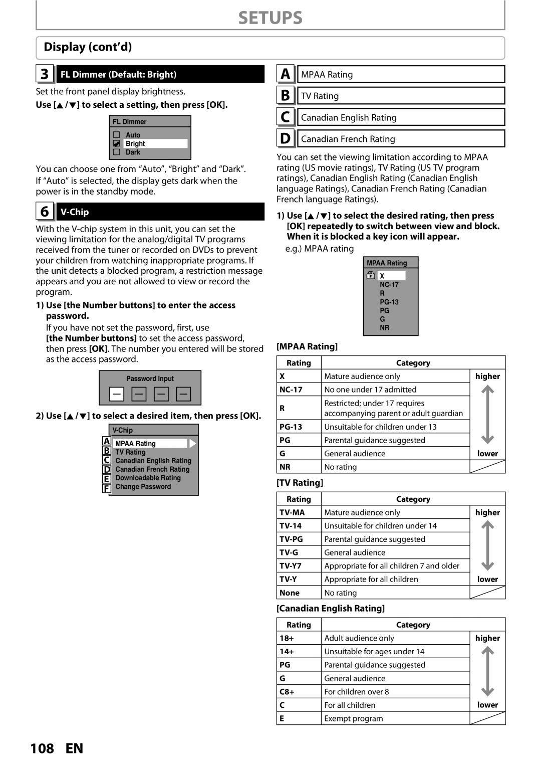 Magnavox MDR513H / F7 owner manual Display cont’d, FL Dimmer Default Bright, Chip 