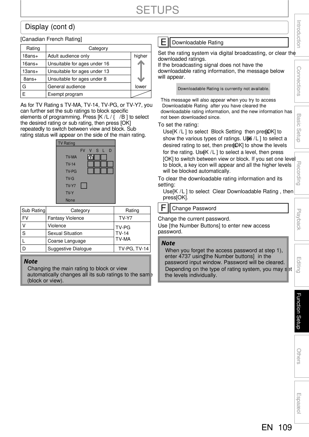 Magnavox MDR513H / F7 Canadian French Rating, To set the rating, Use the Number Buttons to enter new access password 