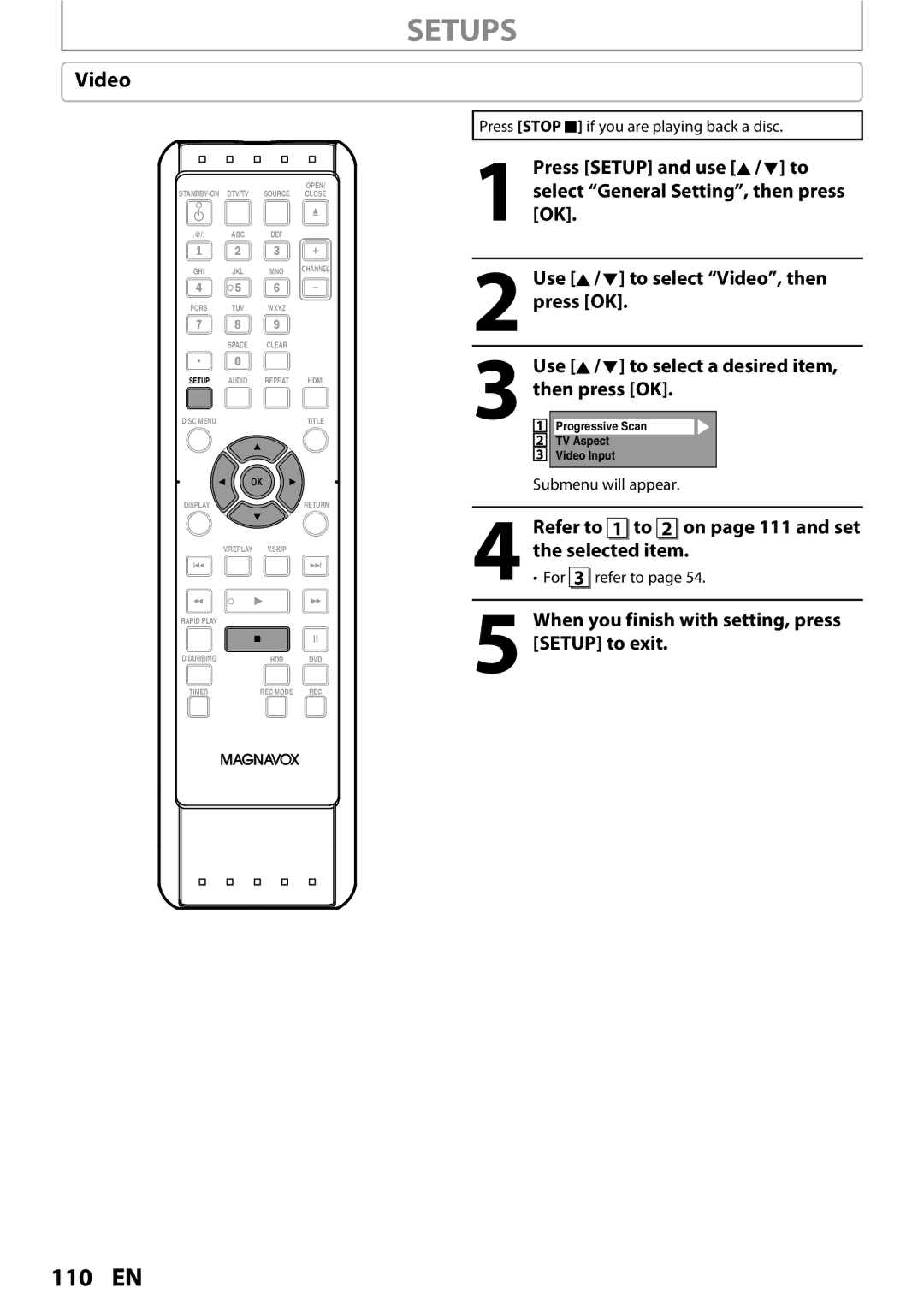 Magnavox MDR513H / F7 owner manual Video, Selected item, For 3 refer to 