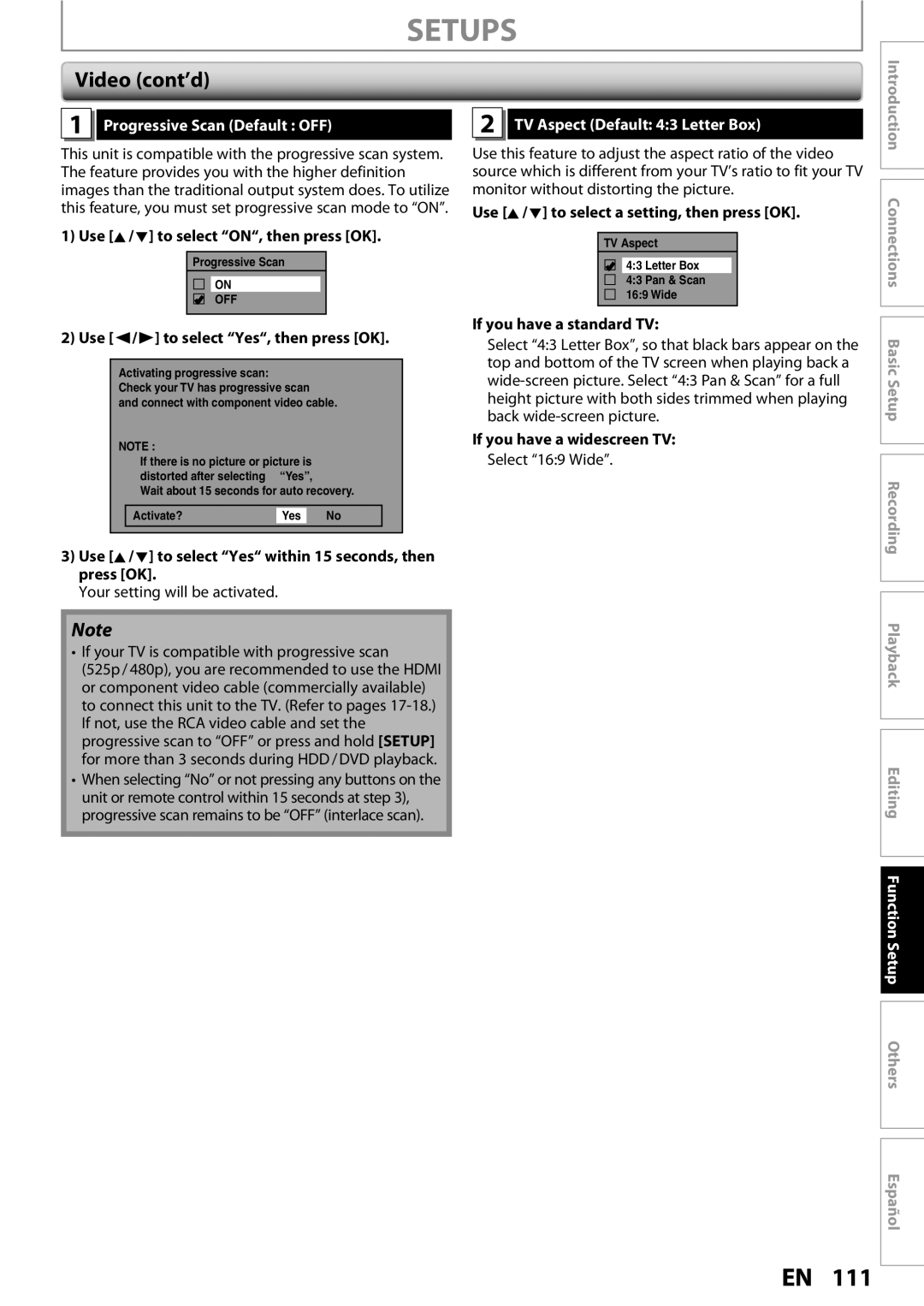 Magnavox MDR513H / F7 owner manual Video cont’d, Progressive Scan Default OFF, TV Aspect Default 43 Letter Box 