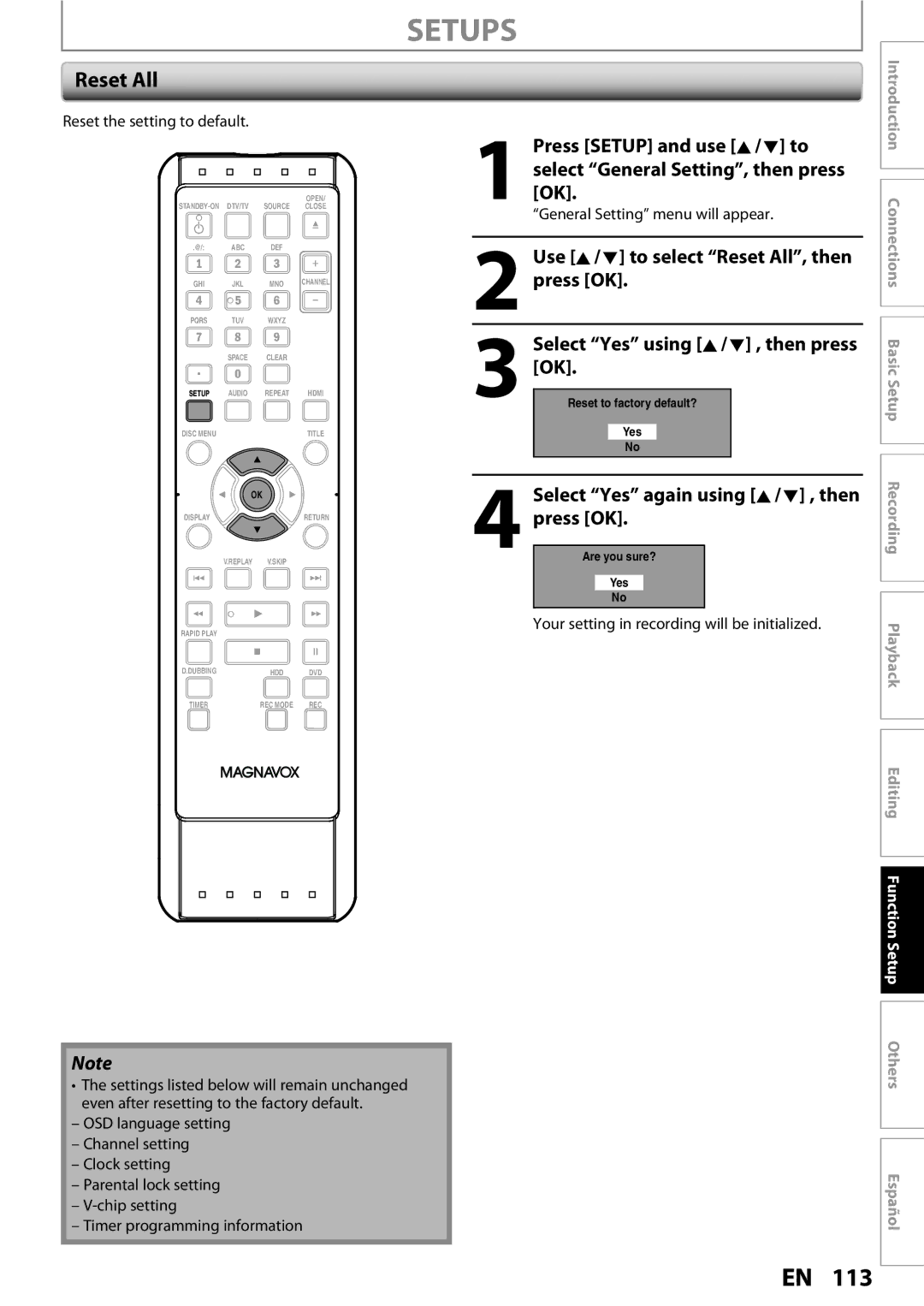 Magnavox MDR513H / F7 owner manual Reset All, Select Yes again using K/ L , then press OK, Reset the setting to default 