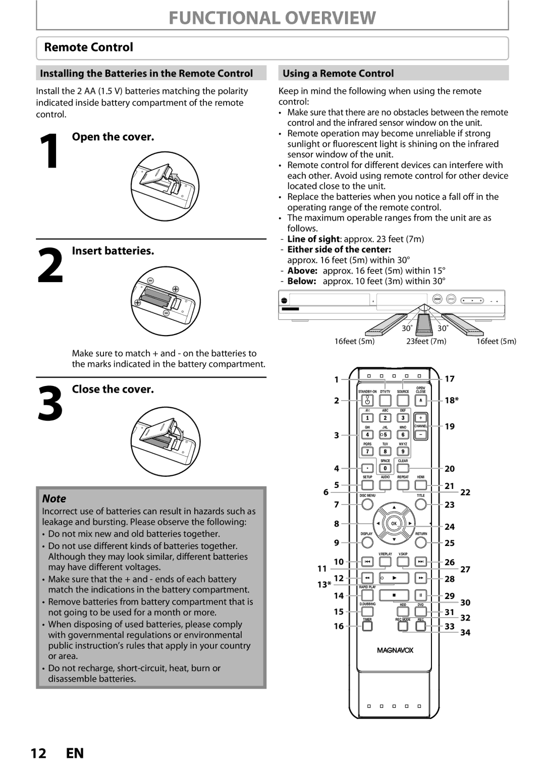 Magnavox MDR513H / F7 owner manual Open the cover Insert batteries, Close the cover, Using a Remote Control 