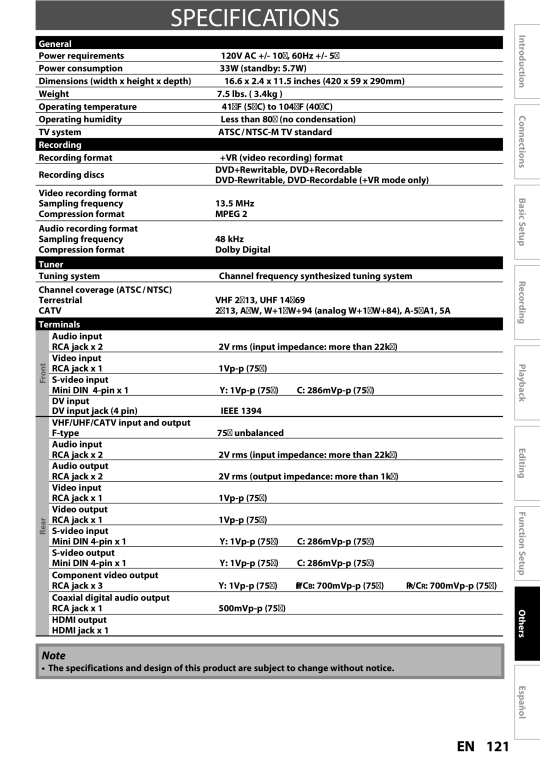 Magnavox MDR513H / F7 owner manual Specifications, General, Recording, Tuner, Terminals 