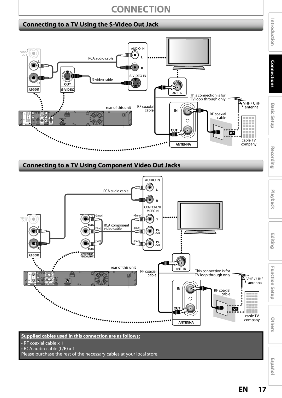 Magnavox MDR513H / F7 Connecting to a TV Using the S-Video Out Jack, Connecting to a TV Using Component Video Out Jacks 