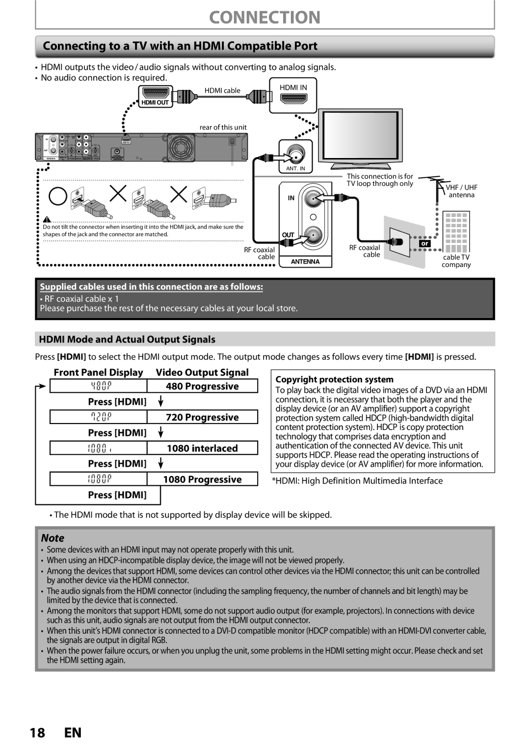 Magnavox MDR513H / F7 owner manual Connecting to a TV with an Hdmi Compatible Port, Hdmi Mode and Actual Output Signals 