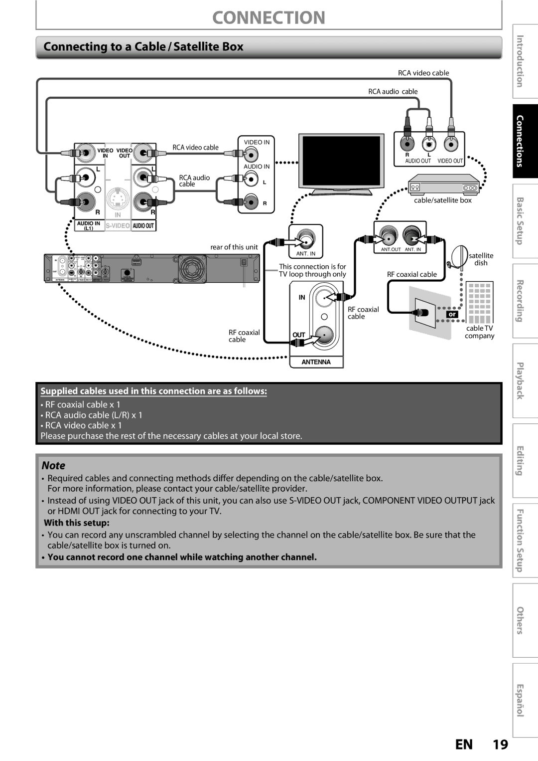 Magnavox MDR513H / F7 owner manual Connecting to a Cable / Satellite Box, Connections Basic Setup, With this setup 