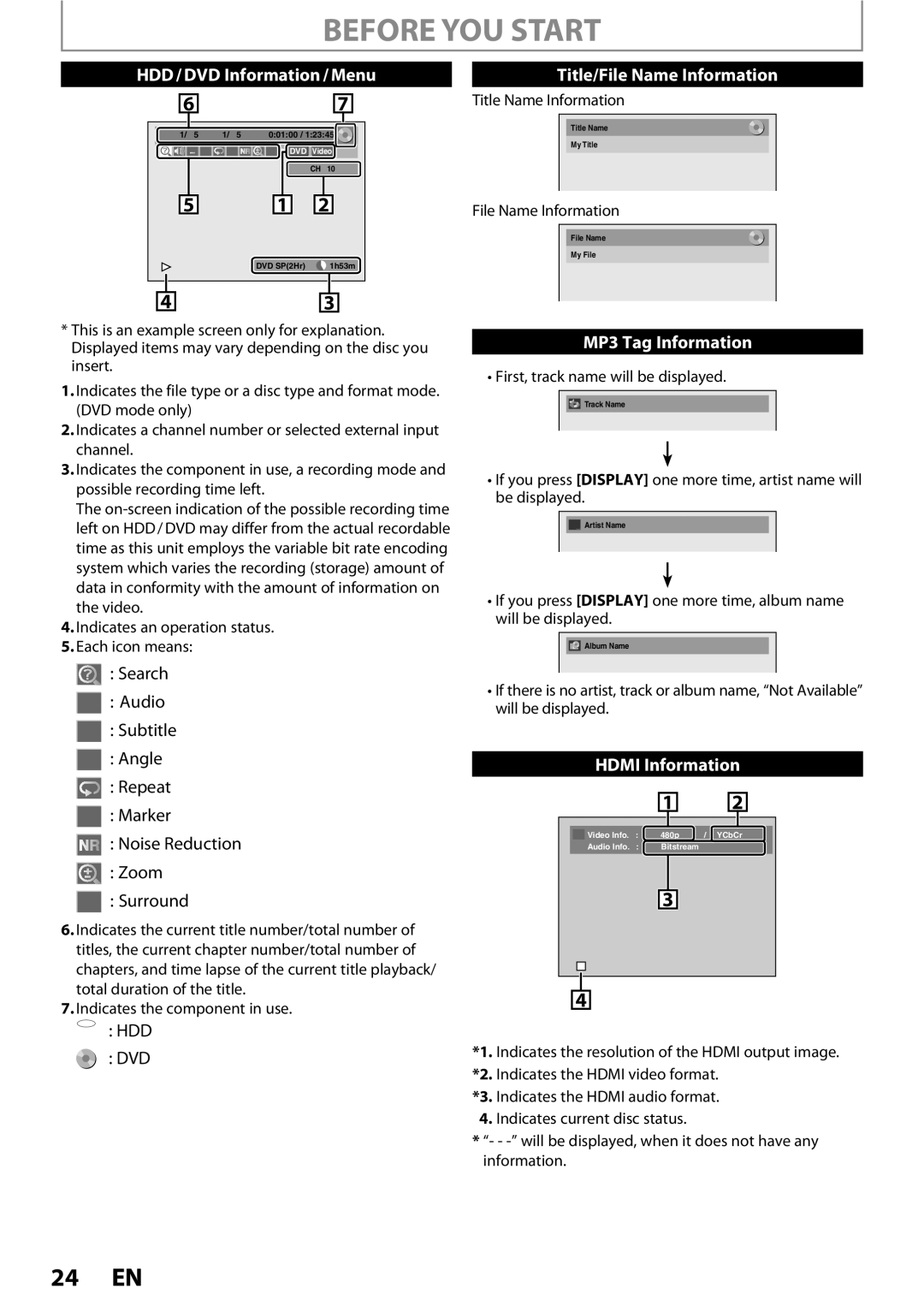 Magnavox MDR513H / F7 owner manual Title Name Information, File Name Information, First, track name will be displayed 