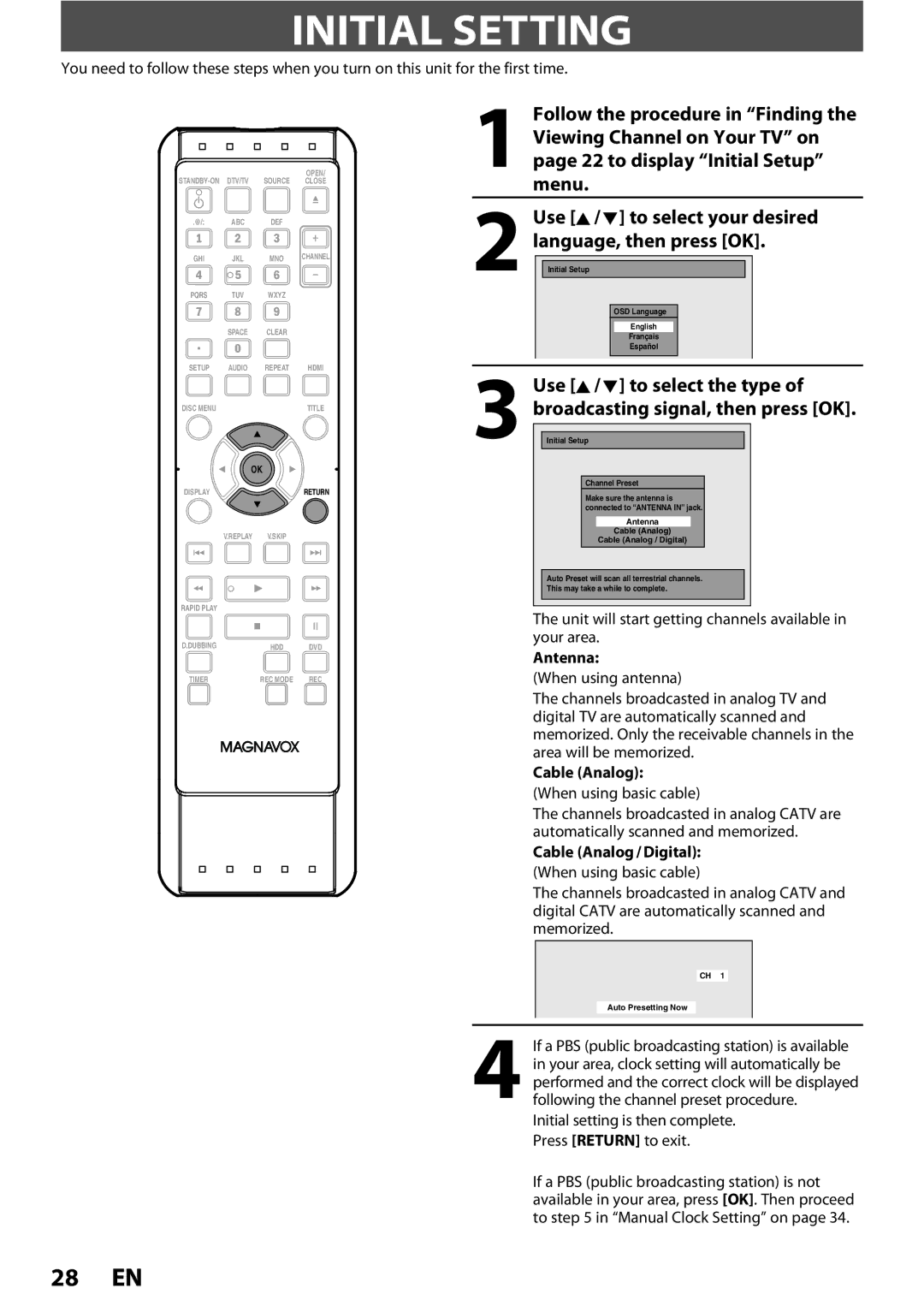 Magnavox MDR513H / F7 owner manual Initial Setting, Antenna, Cable Analog / Digital 