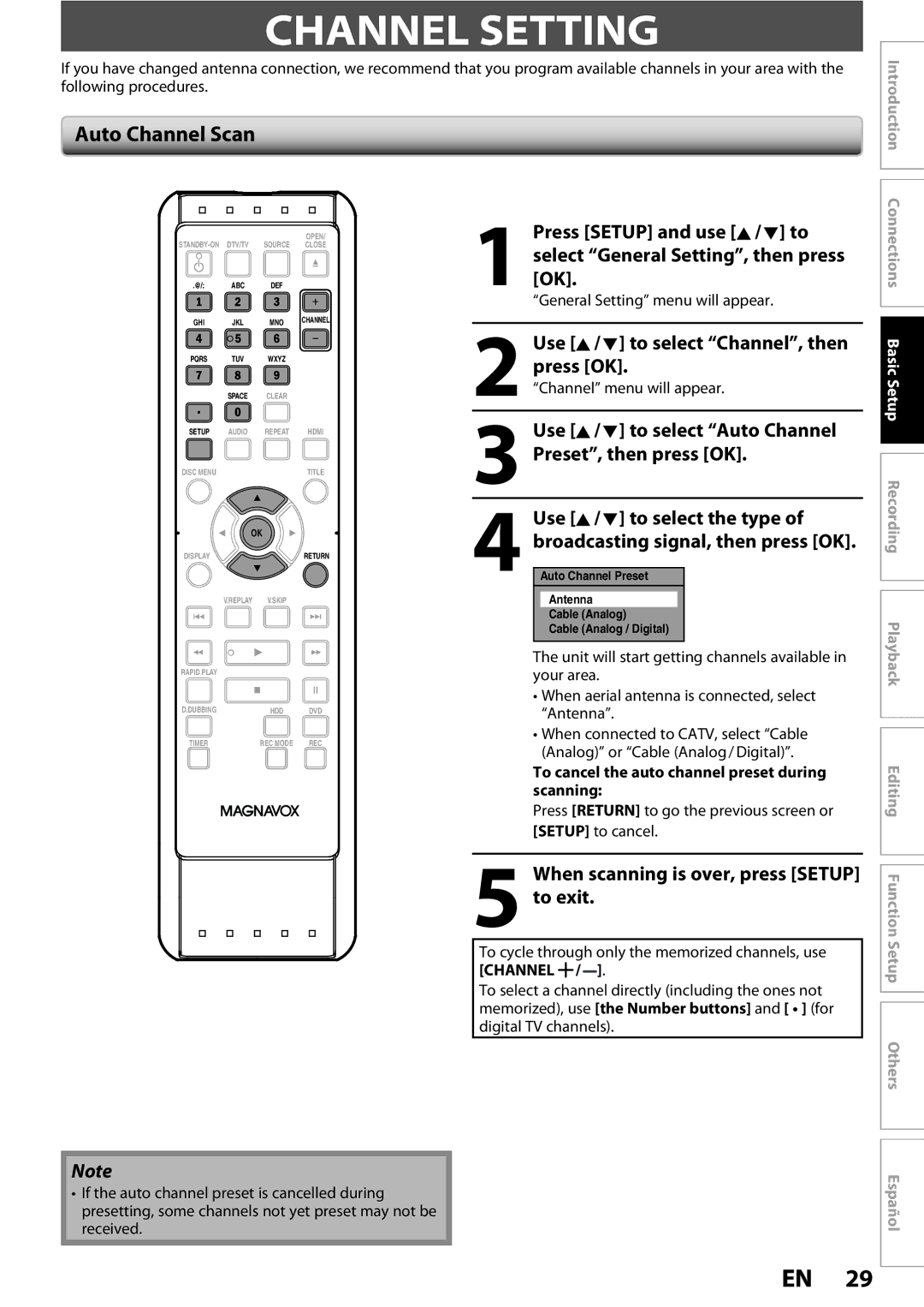 Magnavox MDR513H / F7 owner manual Channel Setting, Auto Channel Scan 