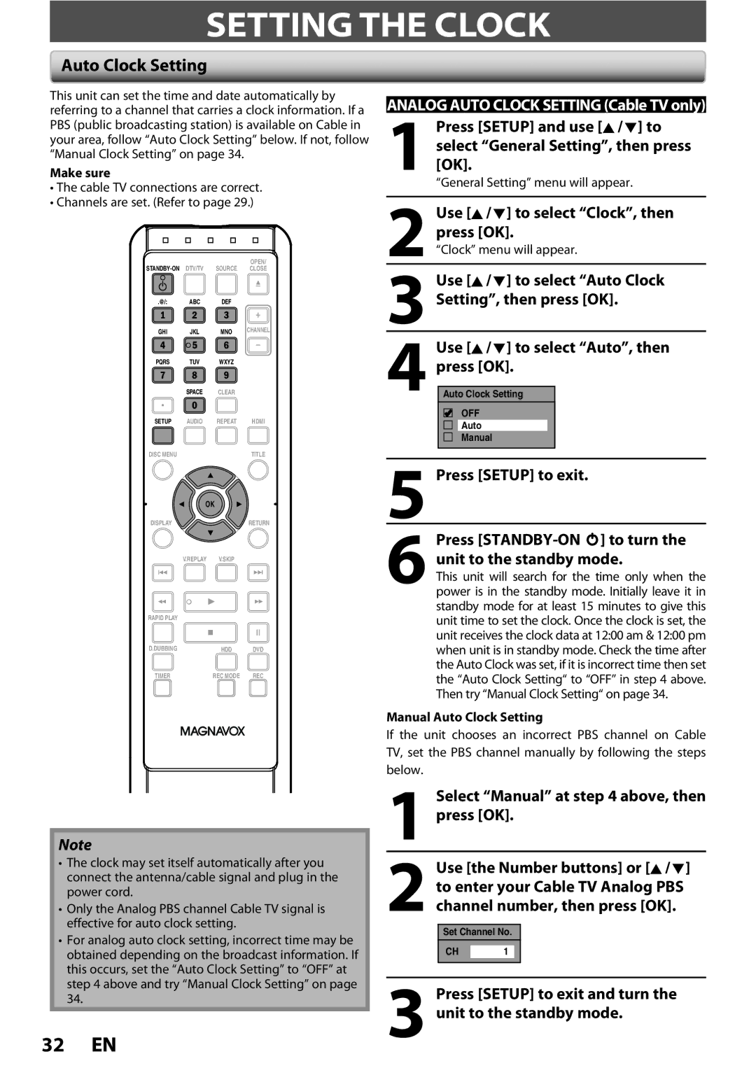 Magnavox MDR513H / F7 owner manual Setting the Clock, Auto Clock Setting 