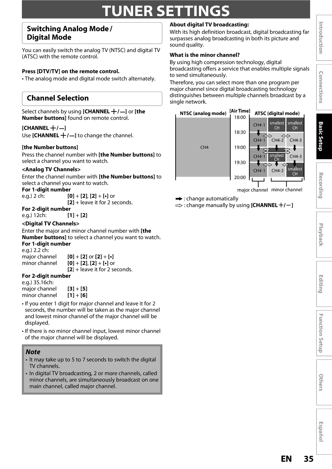 Magnavox MDR513H / F7 owner manual Tuner Settings, Switching Analog Mode Digital Mode, Channel Selection 