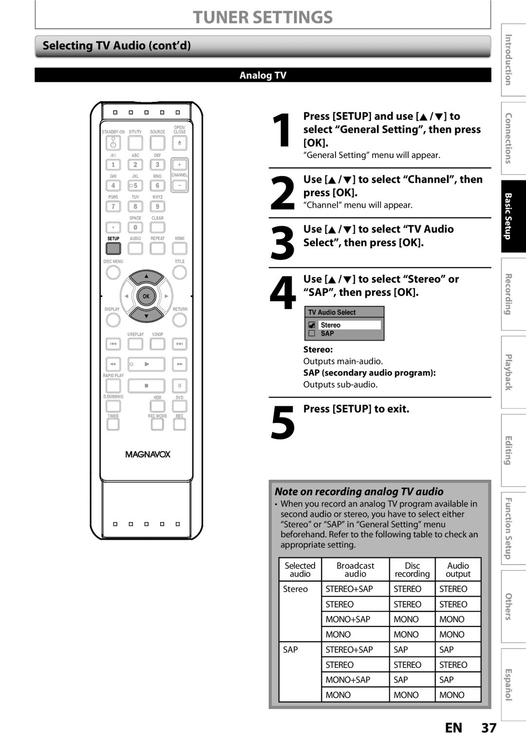 Magnavox MDR513H / F7 owner manual Selecting TV Audio cont’d, Stereo, SAP secondary audio program 