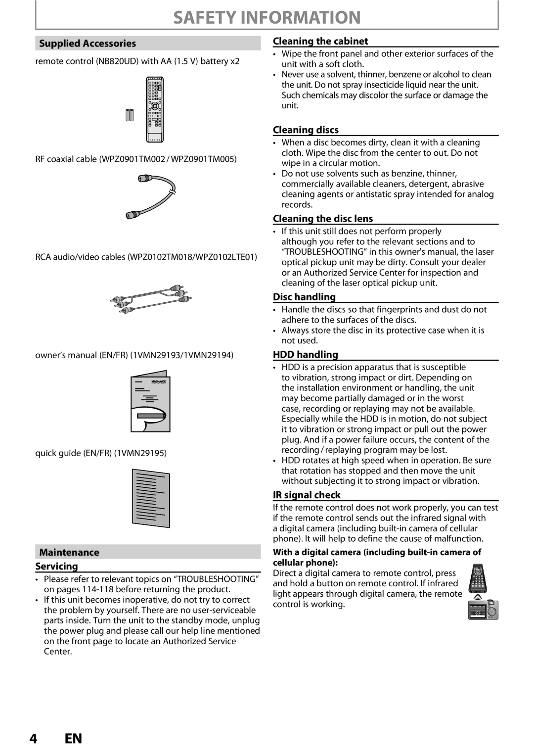 Magnavox MDR513H / F7 Supplied Accessories, Maintenance Servicing, Cleaning the cabinet, Cleaning discs, HDD handling 