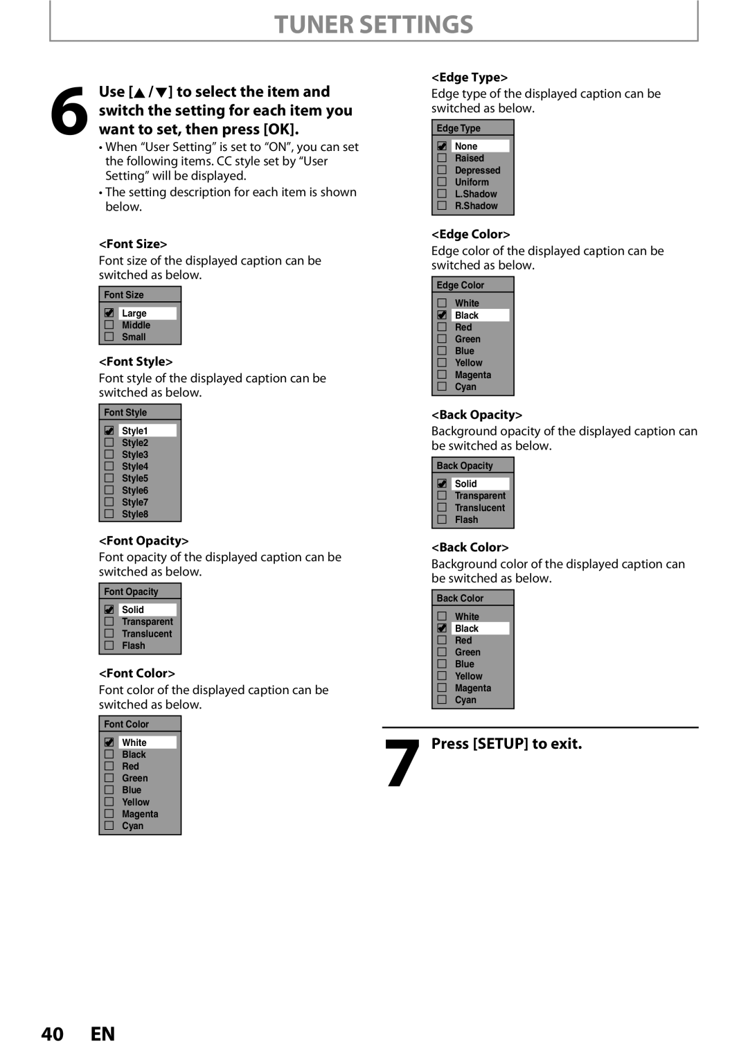 Magnavox MDR513H / F7 Font Size, Font Style, Edge Type, Edge Color, Back Opacity, Font Opacity, Font Color, Back Color 