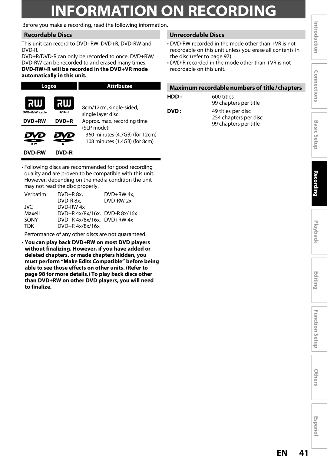 Magnavox MDR513H / F7 owner manual Information on Recording, Recordable Discs, Unrecordable Discs, LogosAttributes 