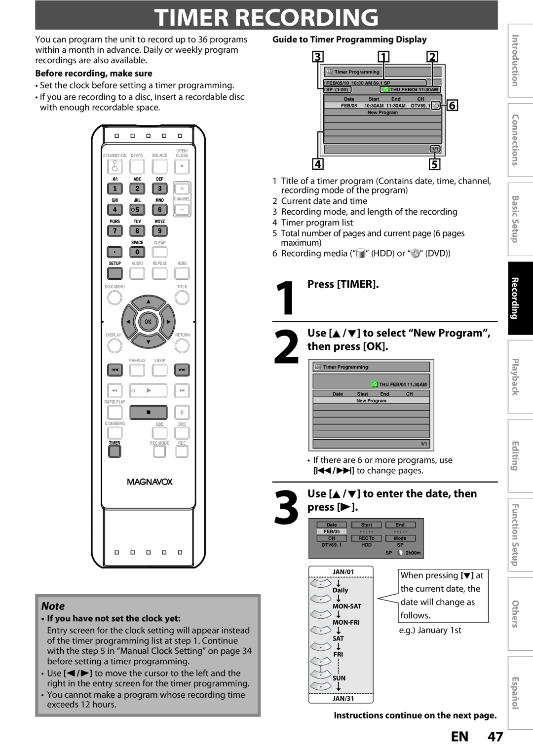 Magnavox MDR513H / F7 owner manual Timer Recording, Press Timer Use K/ L to select New Program, then press OK, Press B 