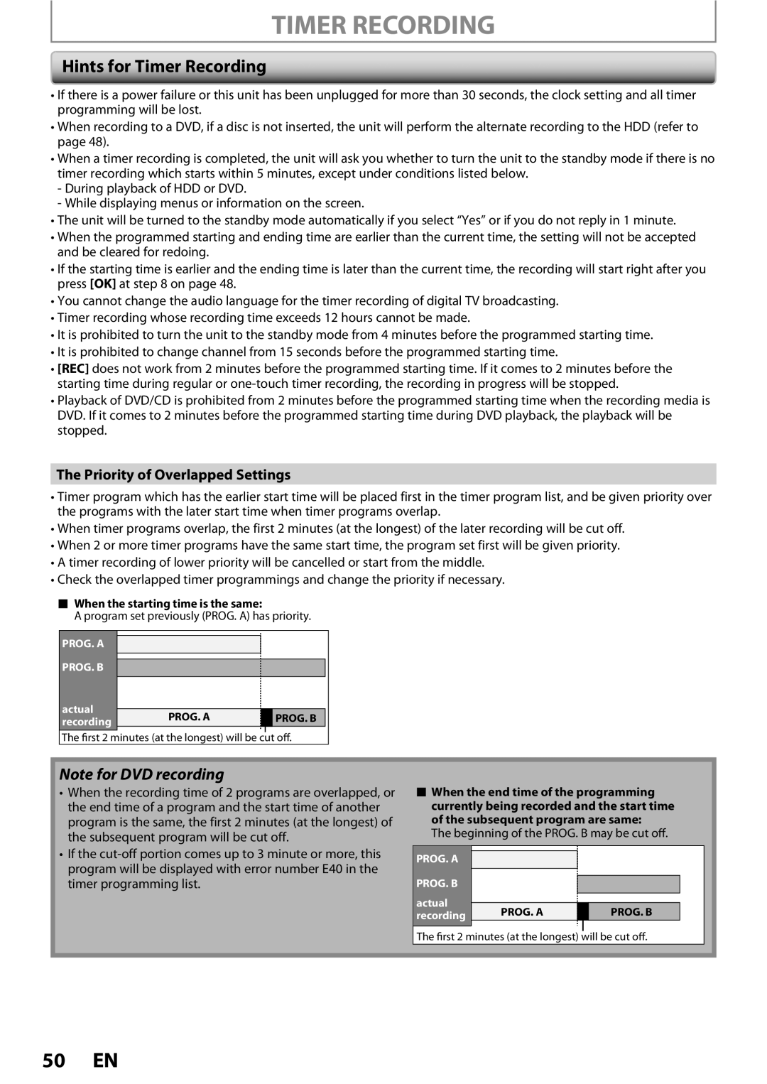 Magnavox MDR513H / F7 owner manual Hints for Timer Recording, Priority of Overlapped Settings 