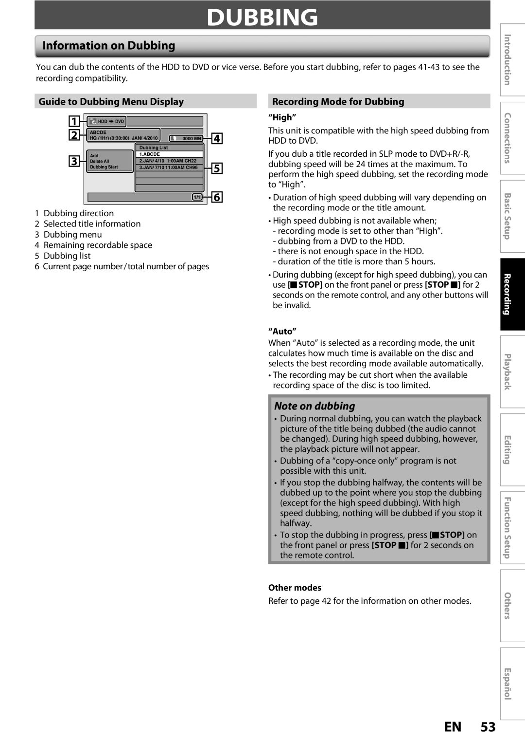 Magnavox MDR513H / F7 owner manual Information on Dubbing, Guide to Dubbing Menu Display, Recording Mode for Dubbing 