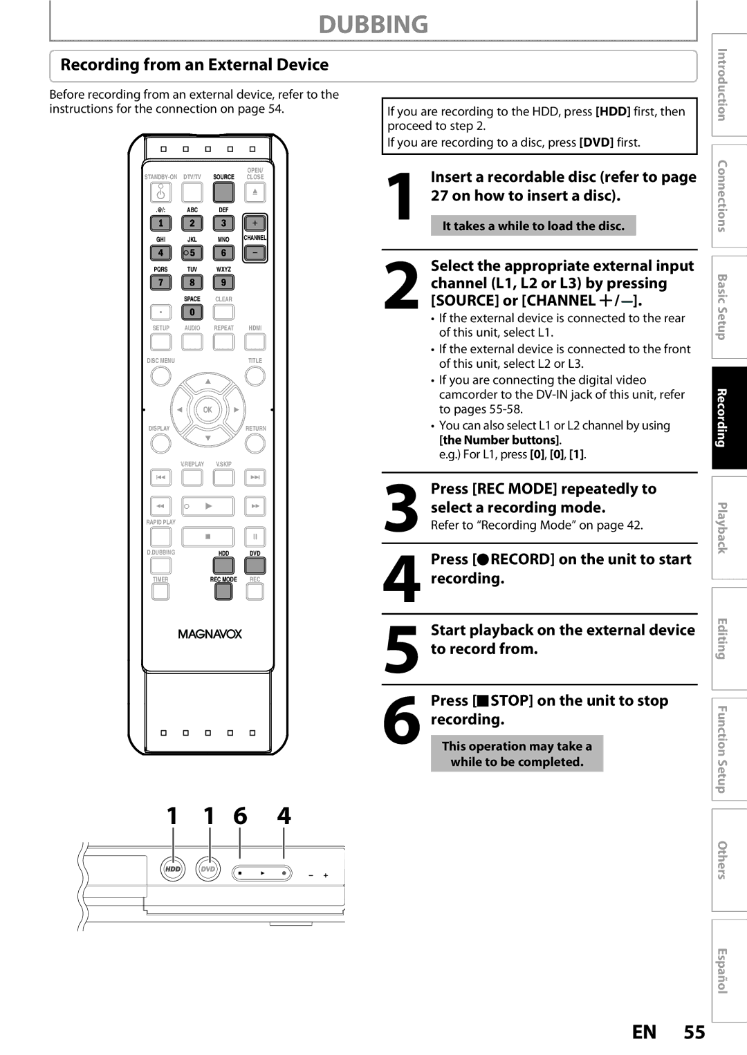 Magnavox MDR513H / F7 owner manual Recording from an External Device 