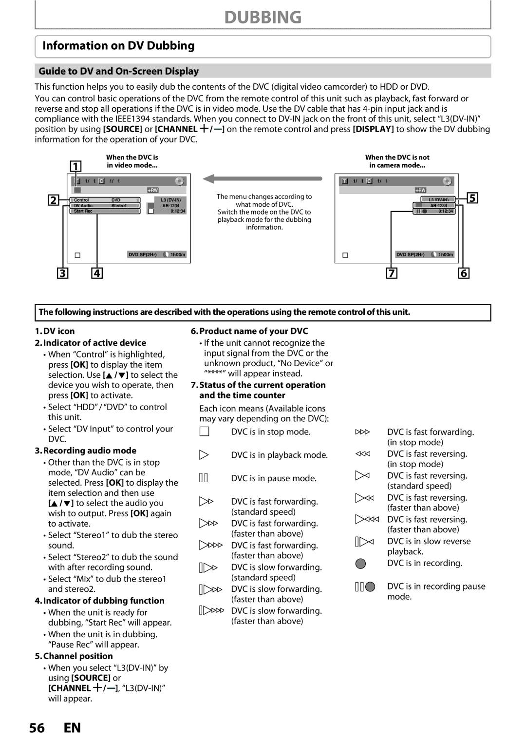 Magnavox MDR513H / F7 owner manual Information on DV Dubbing, Guide to DV and On-Screen Display, Recording audio mode 