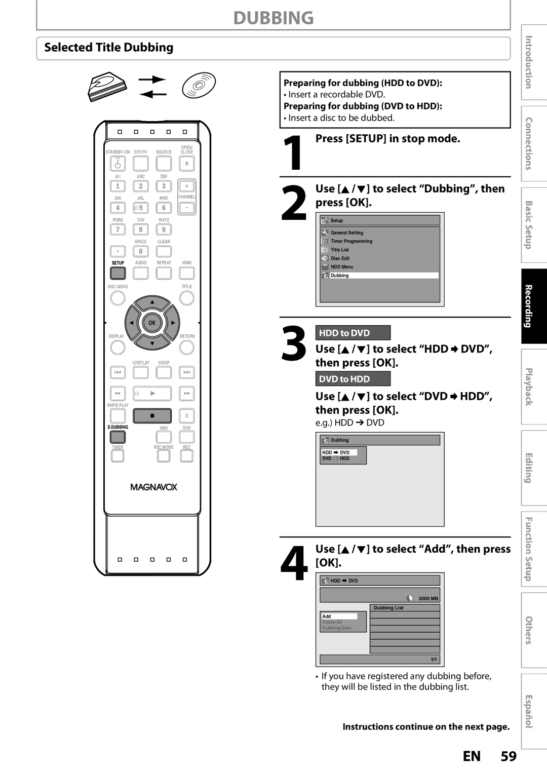 Magnavox MDR513H / F7 owner manual Selected Title Dubbing, Use K/ L to select HDD DVD, then press OK 