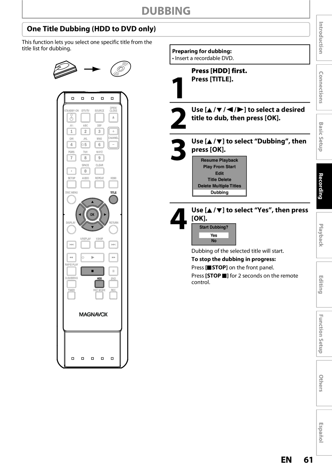 Magnavox MDR513H / F7 owner manual One Title Dubbing HDD to DVD only 